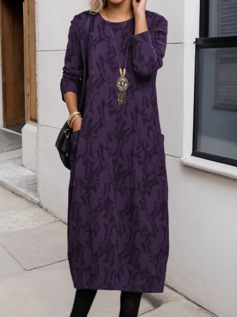 Womens Vintage Floral Print Long Sleeve Maxi Dress Spring Fall Crewneck Lightweight Tunic Dress with Pockets