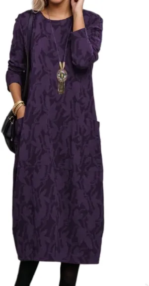Womens Vintage Floral Print Long Sleeve Maxi Dress Spring Fall Crewneck Lightweight Tunic Dress with Pockets