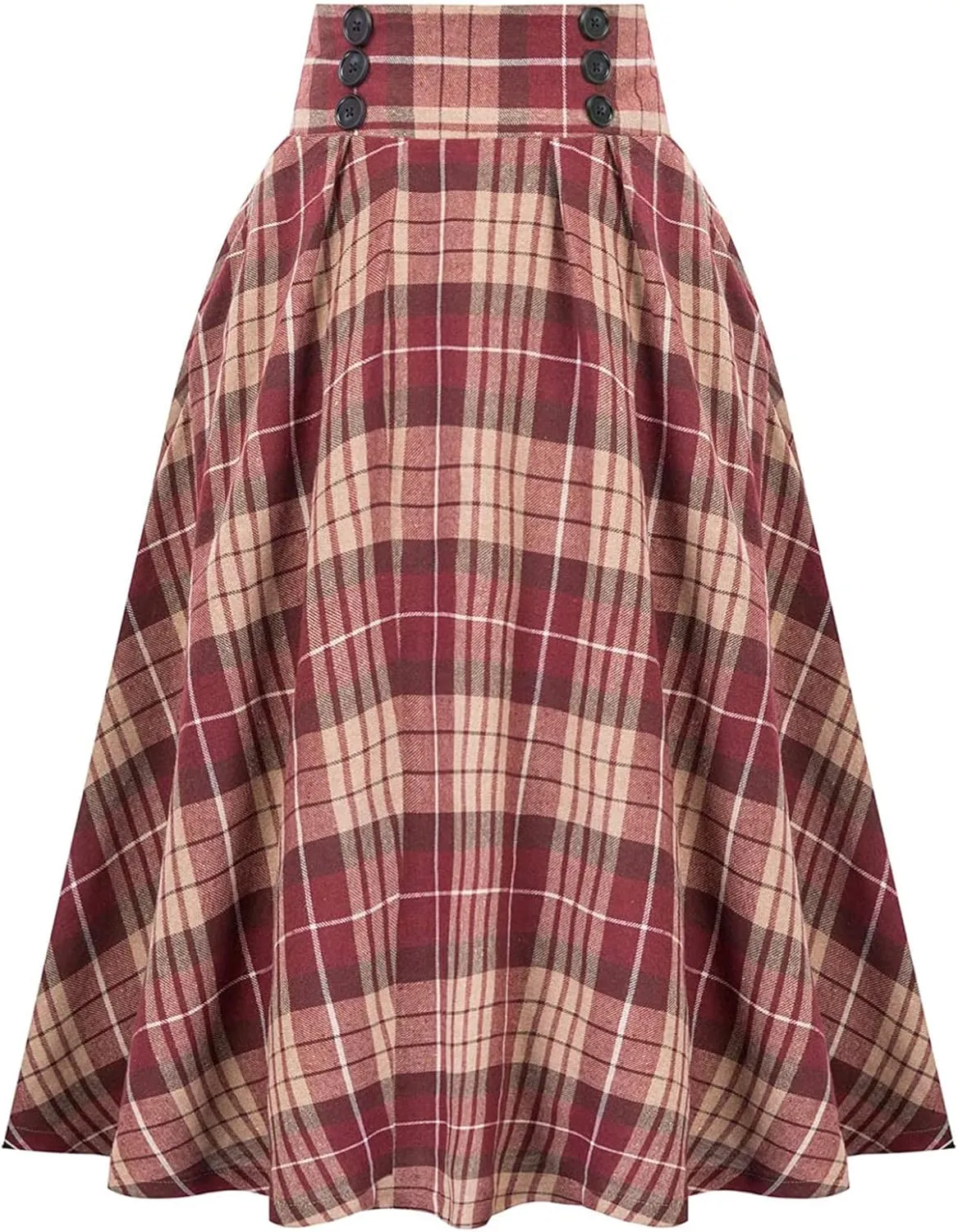 Women's Vintage Long Skirts Plaid Elegant Elastic Waist Pleated A-Line Casual High Waist Midi Skirt Plus Size