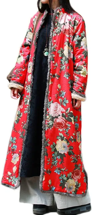 Women's Warm Fleece Lining Trench Coat Jacket with Floral Print Chinese Style Overcoat