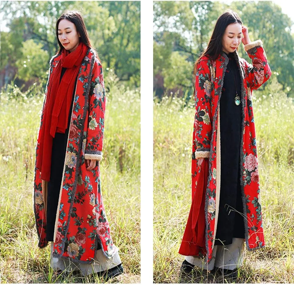 Women's Warm Fleece Lining Trench Coat Jacket with Floral Print Chinese Style Overcoat