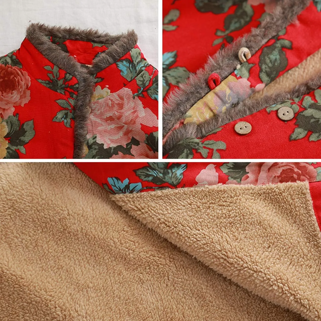 Women's Warm Fleece Lining Trench Coat Jacket with Floral Print Chinese Style Overcoat