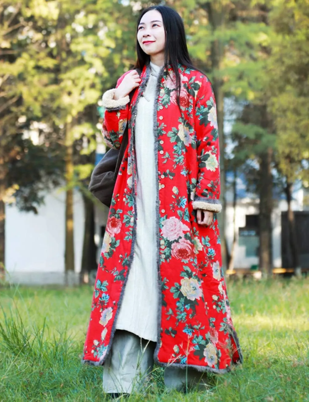 Women's Warm Fleece Lining Trench Coat Jacket with Floral Print Chinese Style Overcoat