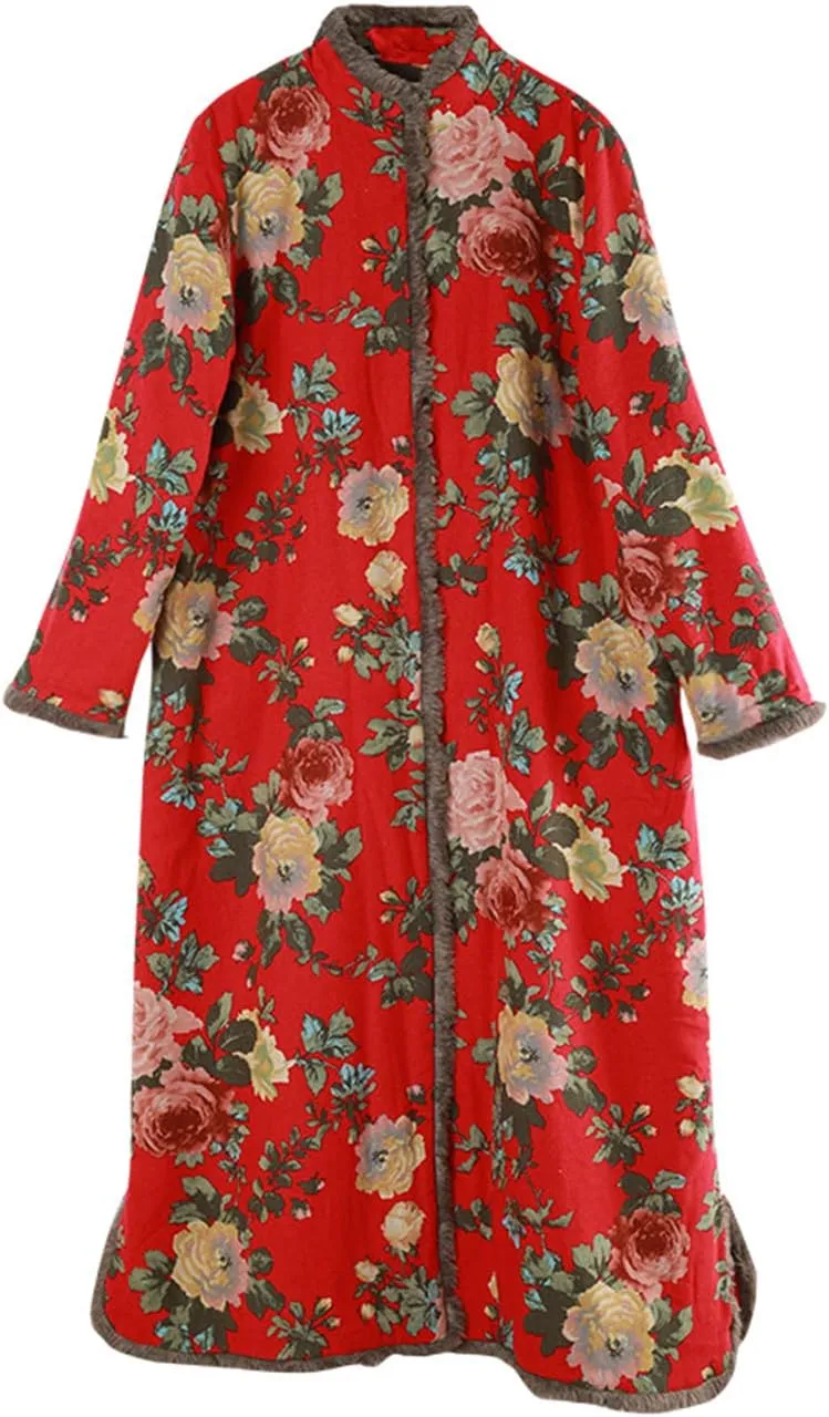 Women's Warm Fleece Lining Trench Coat Jacket with Floral Print Chinese Style Overcoat