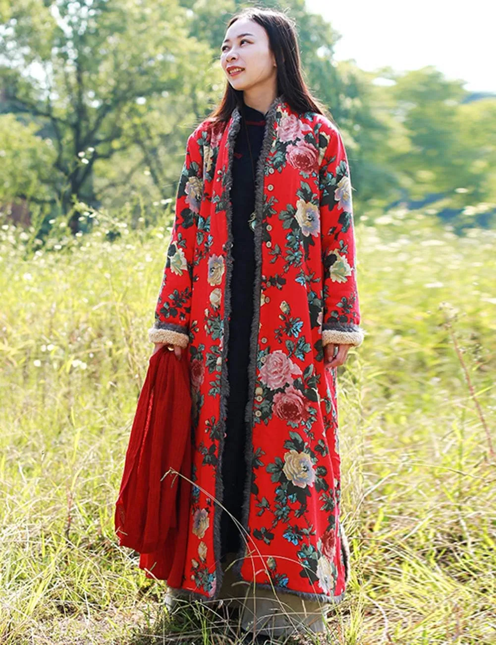 Women's Warm Fleece Lining Trench Coat Jacket with Floral Print Chinese Style Overcoat
