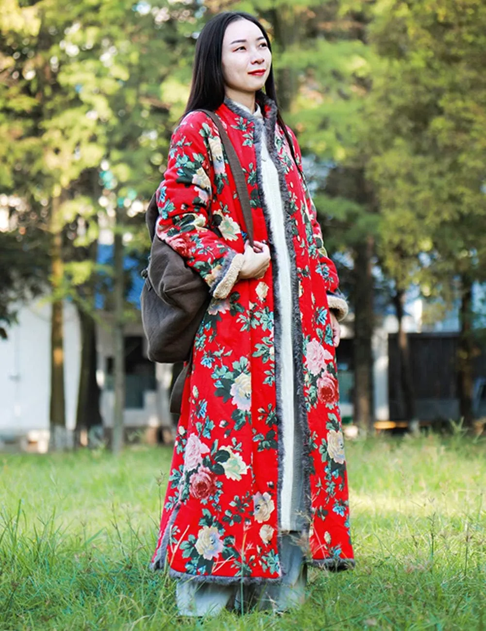 Women's Warm Fleece Lining Trench Coat Jacket with Floral Print Chinese Style Overcoat