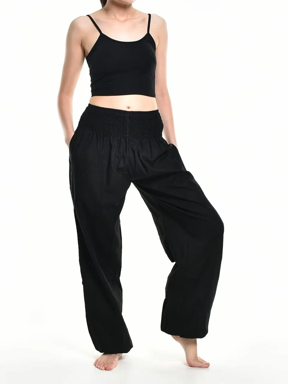 Womens Warm Winter Cotton Harem Hippie Pants Baggy Boho Smocked Waist with Pocket Lounge Trousers for Yoga
