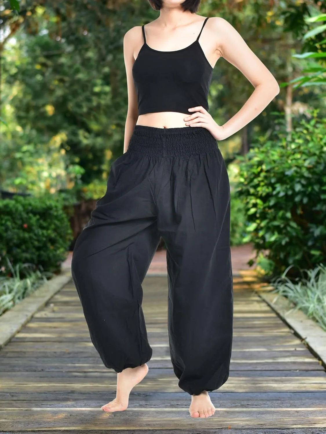 Womens Warm Winter Cotton Harem Hippie Pants Baggy Boho Smocked Waist with Pocket Lounge Trousers for Yoga