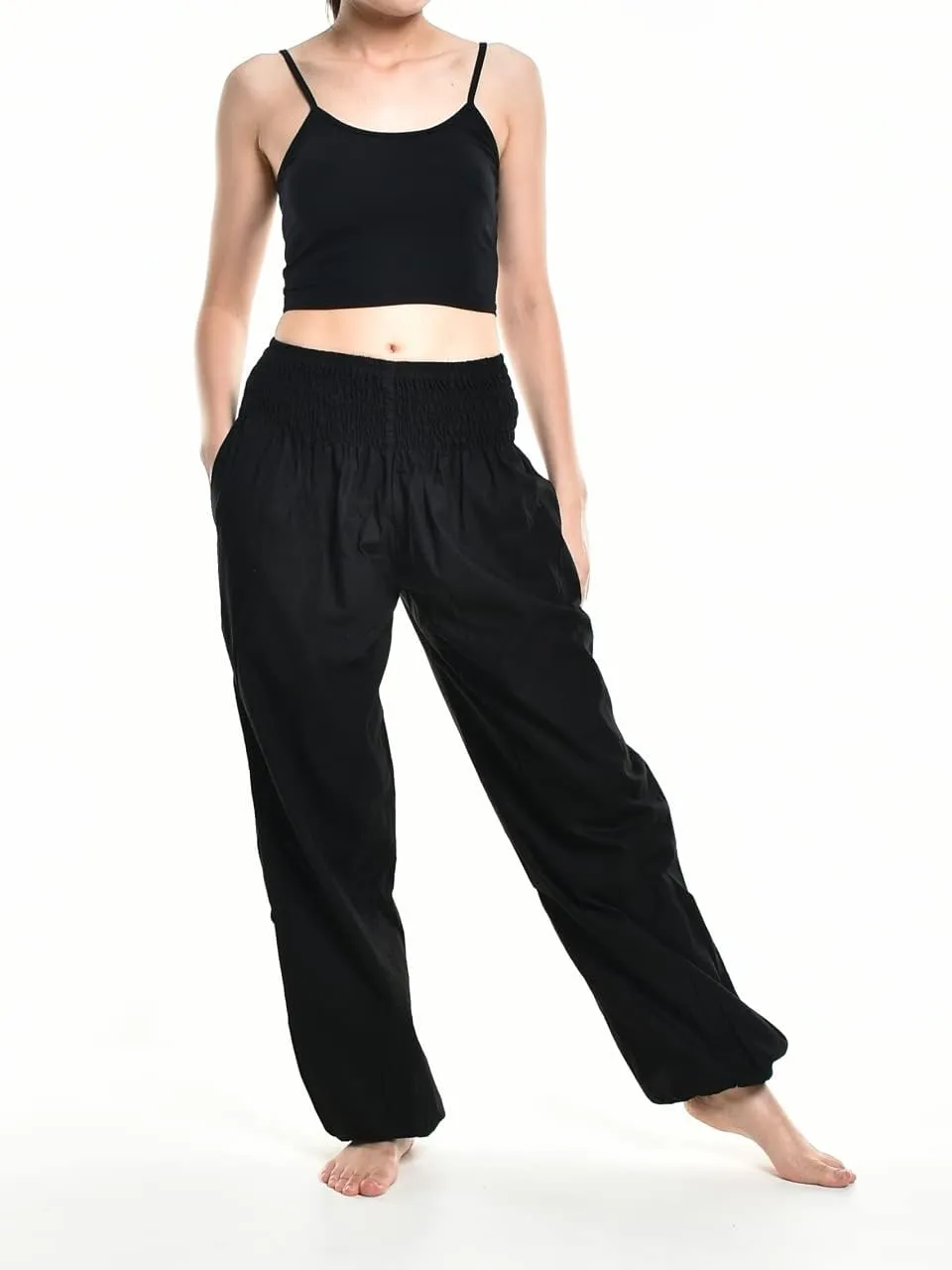 Womens Warm Winter Cotton Harem Hippie Pants Baggy Boho Smocked Waist with Pocket Lounge Trousers for Yoga