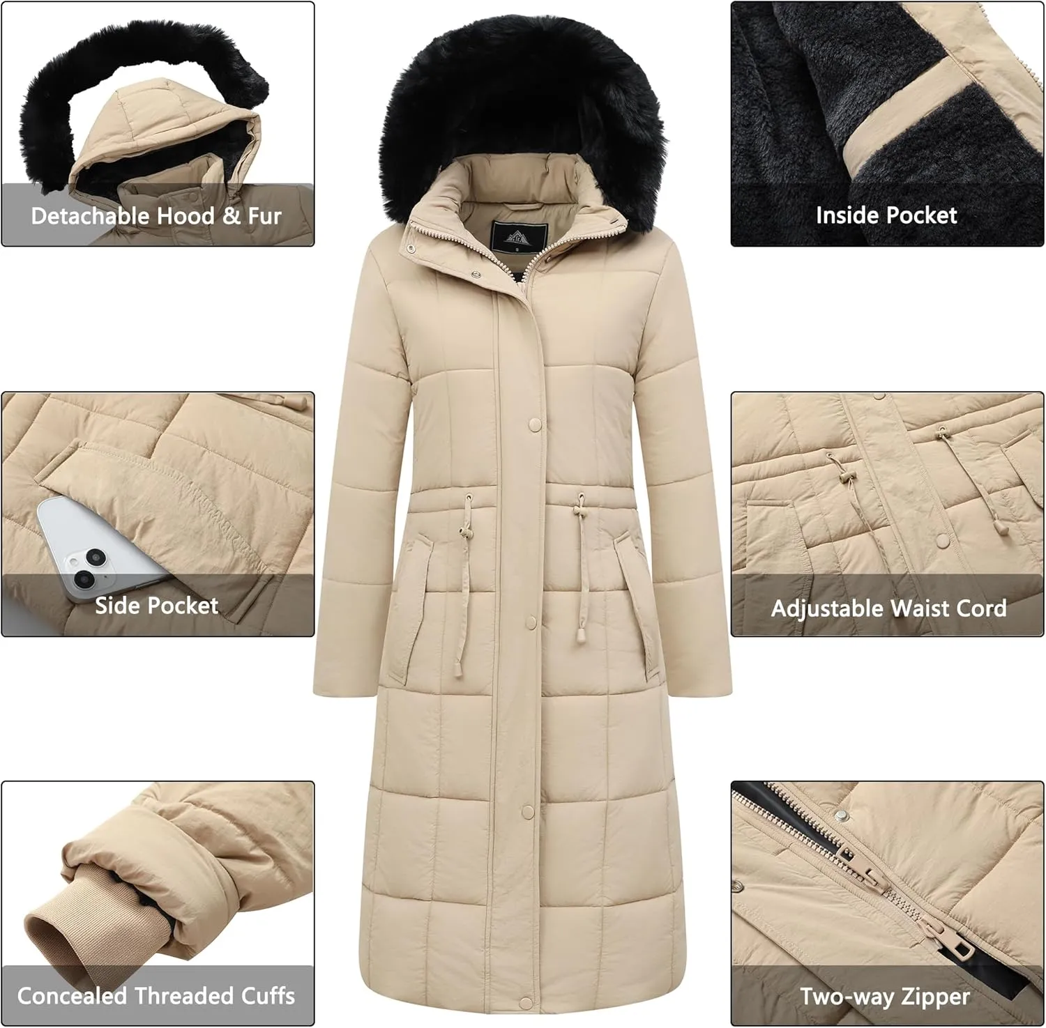 Women's Waterproof Long Winter Coat Thickened Down Alternative Jacket Warm Puffer Jacket Hooded Parka