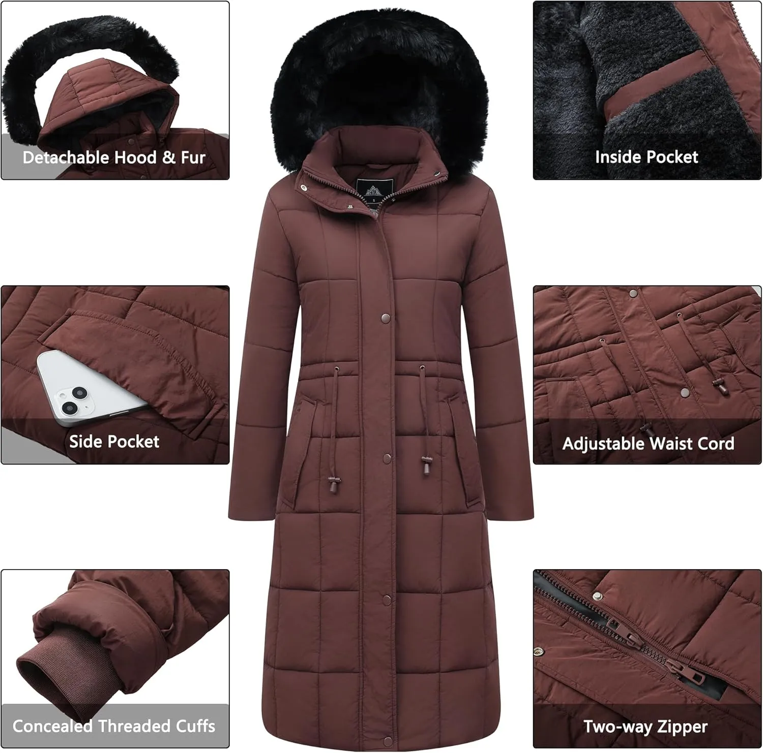 Women's Waterproof Long Winter Coat Thickened Down Alternative Jacket Warm Puffer Jacket Hooded Parka