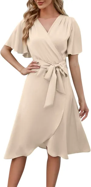 Women's Wedding Guest Dress Wrap V Neck Tiered Belted Short Flared Sleeve Boho Floral Print Dress for Graduation