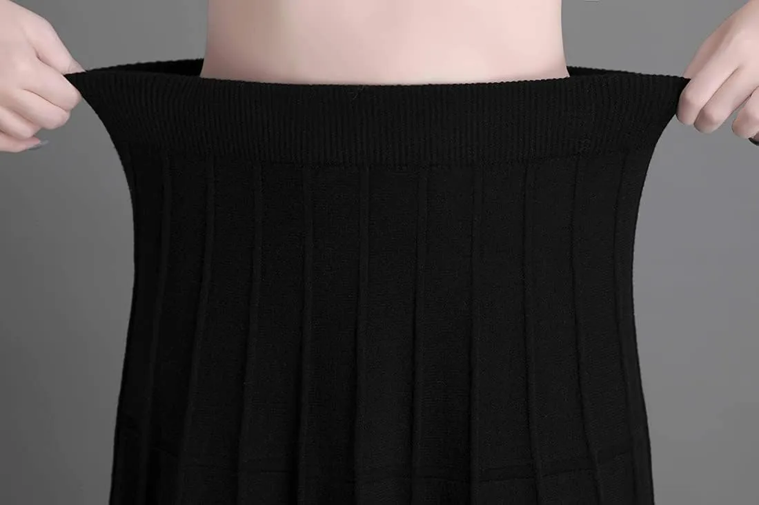 Women's Winter Long Skirt High Waist Elegant Knitted Warm Elastic Waist Maxi Pleated Skirt