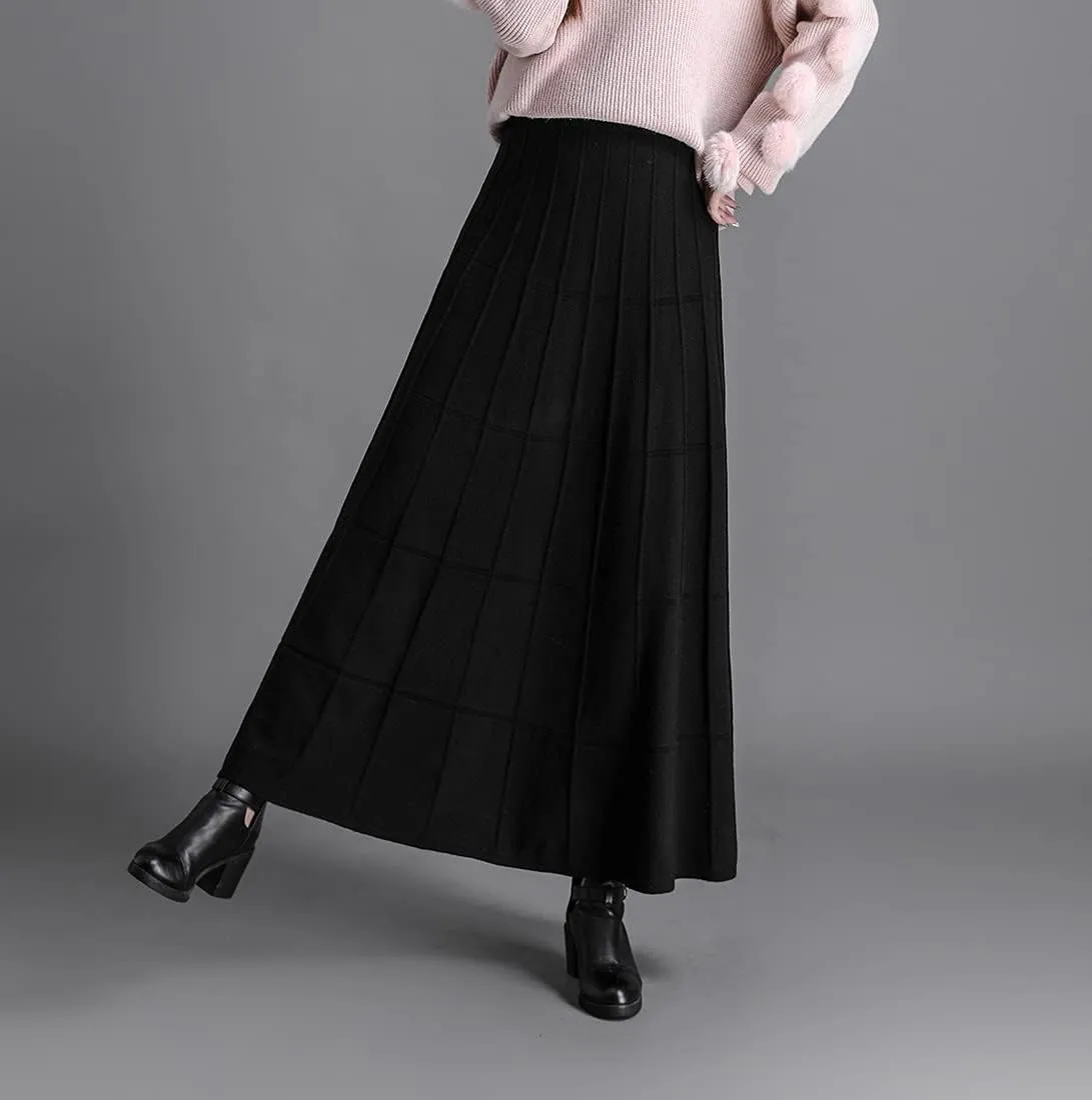 Women's Winter Long Skirt High Waist Elegant Knitted Warm Elastic Waist Maxi Pleated Skirt