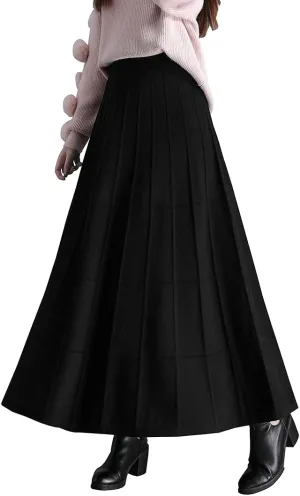 Women's Winter Long Skirt High Waist Elegant Knitted Warm Elastic Waist Maxi Pleated Skirt