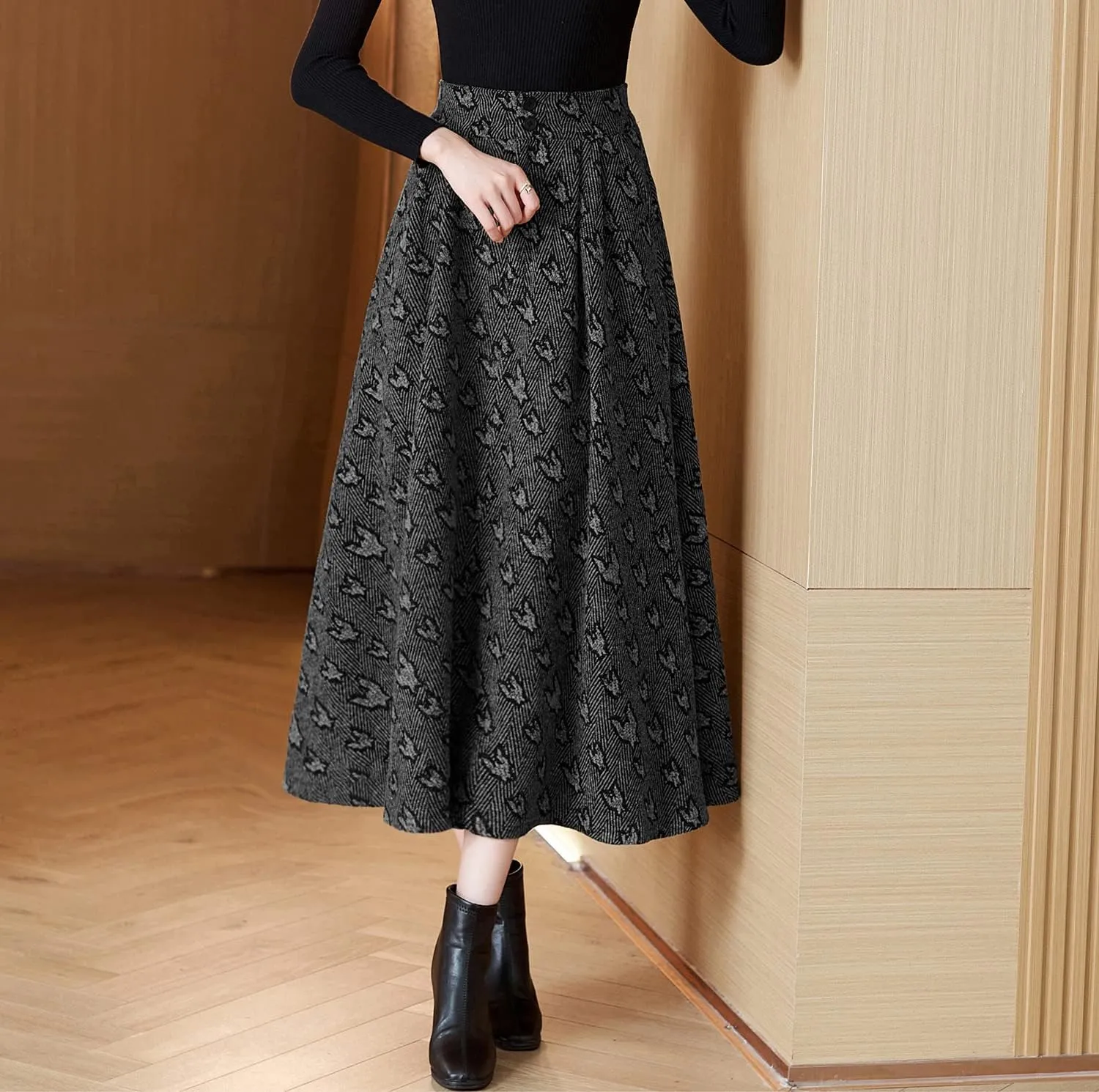 Women's Winter Maxi Skirt Elegant High Waist Warm Wool Jacquard Elastic Waist Long Umbrella Skirt