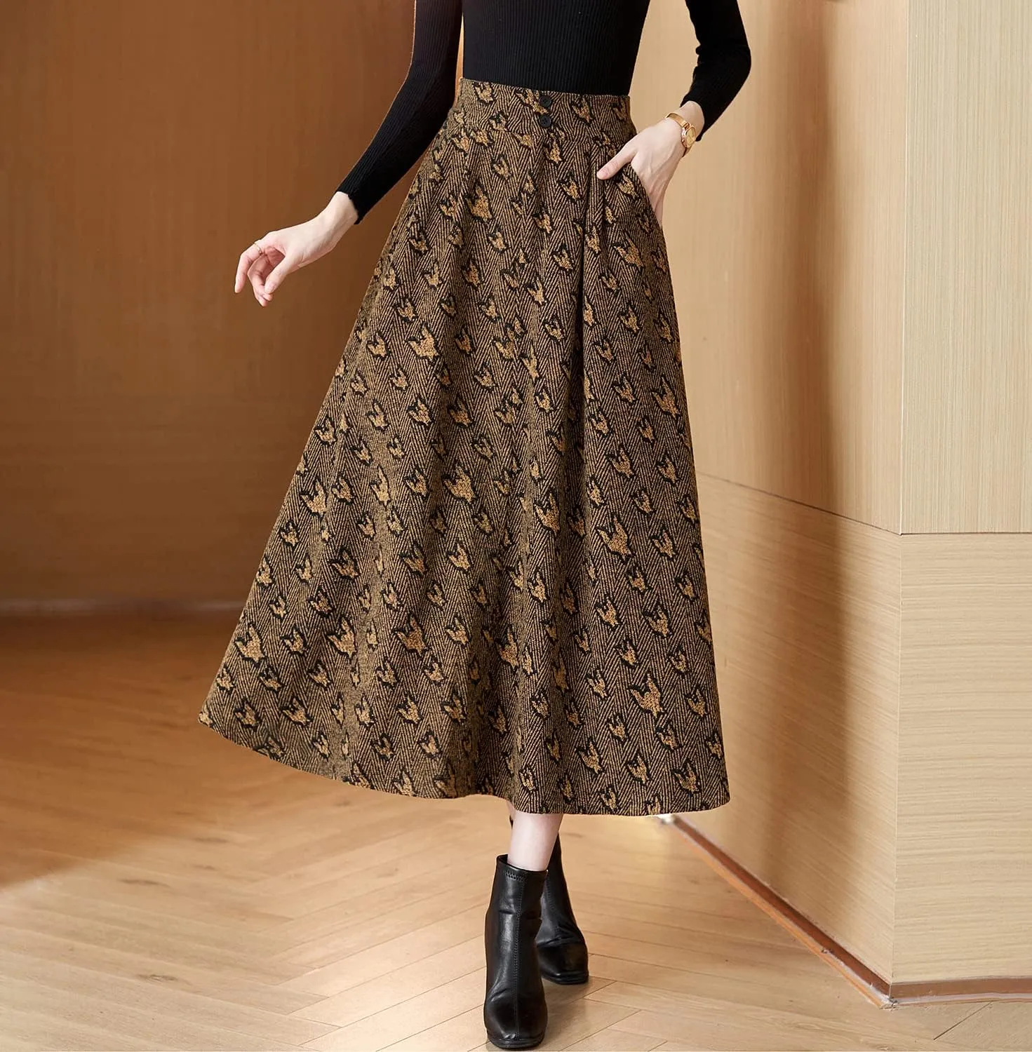 Women's Winter Maxi Skirt Elegant High Waist Warm Wool Jacquard Elastic Waist Long Umbrella Skirt