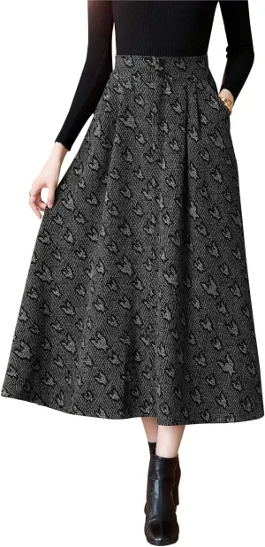 Women's Winter Maxi Skirt Elegant High Waist Warm Wool Jacquard Elastic Waist Long Umbrella Skirt