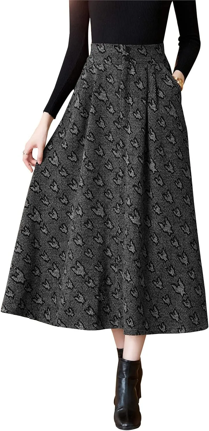 Women's Winter Maxi Skirt Elegant High Waist Warm Wool Jacquard Elastic Waist Long Umbrella Skirt