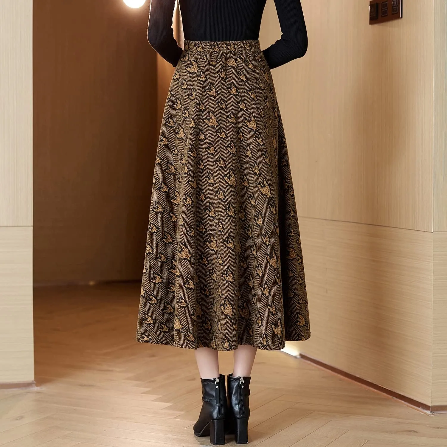 Women's Winter Maxi Skirt Elegant High Waist Warm Wool Jacquard Elastic Waist Long Umbrella Skirt