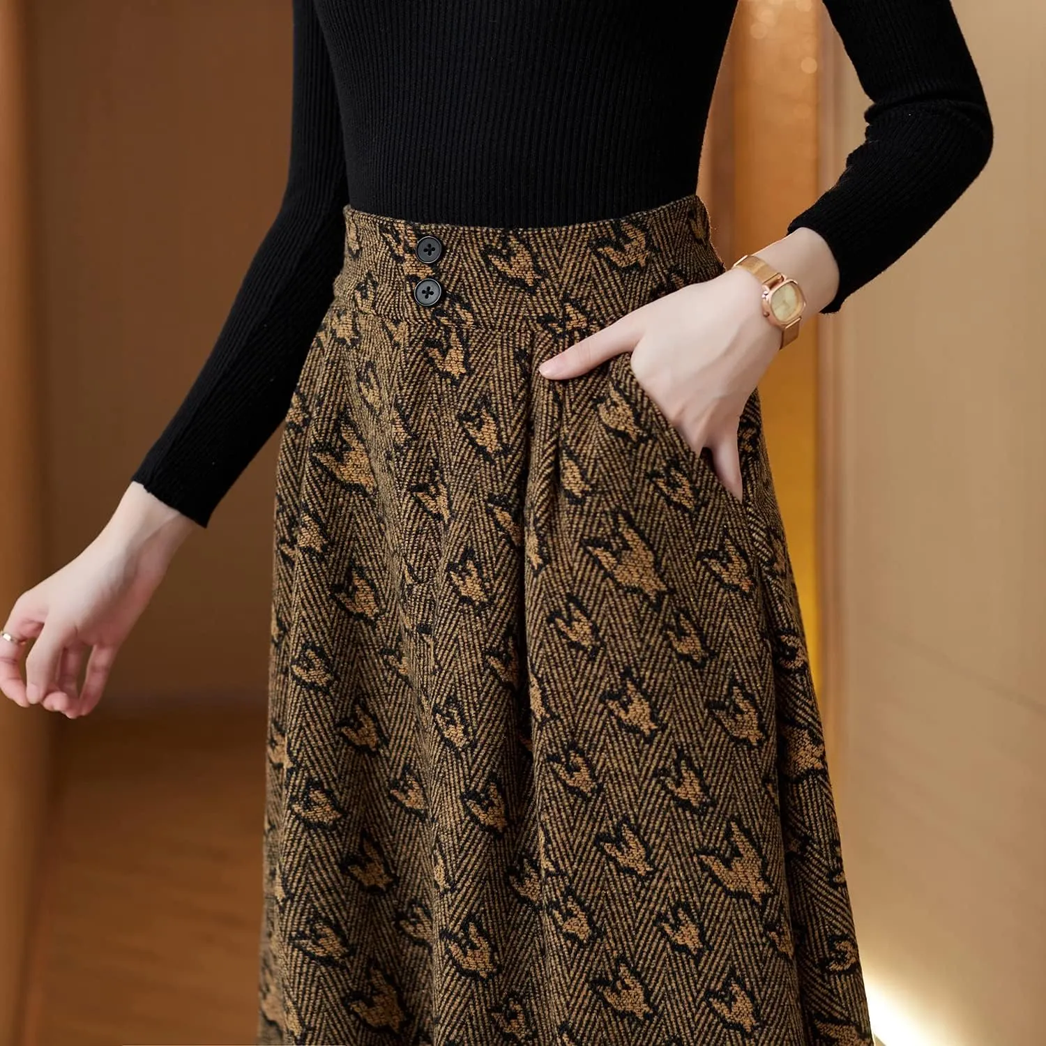 Women's Winter Maxi Skirt Elegant High Waist Warm Wool Jacquard Elastic Waist Long Umbrella Skirt