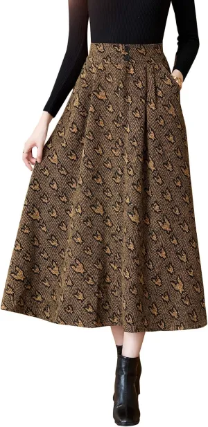 Women's Winter Maxi Skirt Elegant High Waist Warm Wool Jacquard Elastic Waist Long Umbrella Skirt