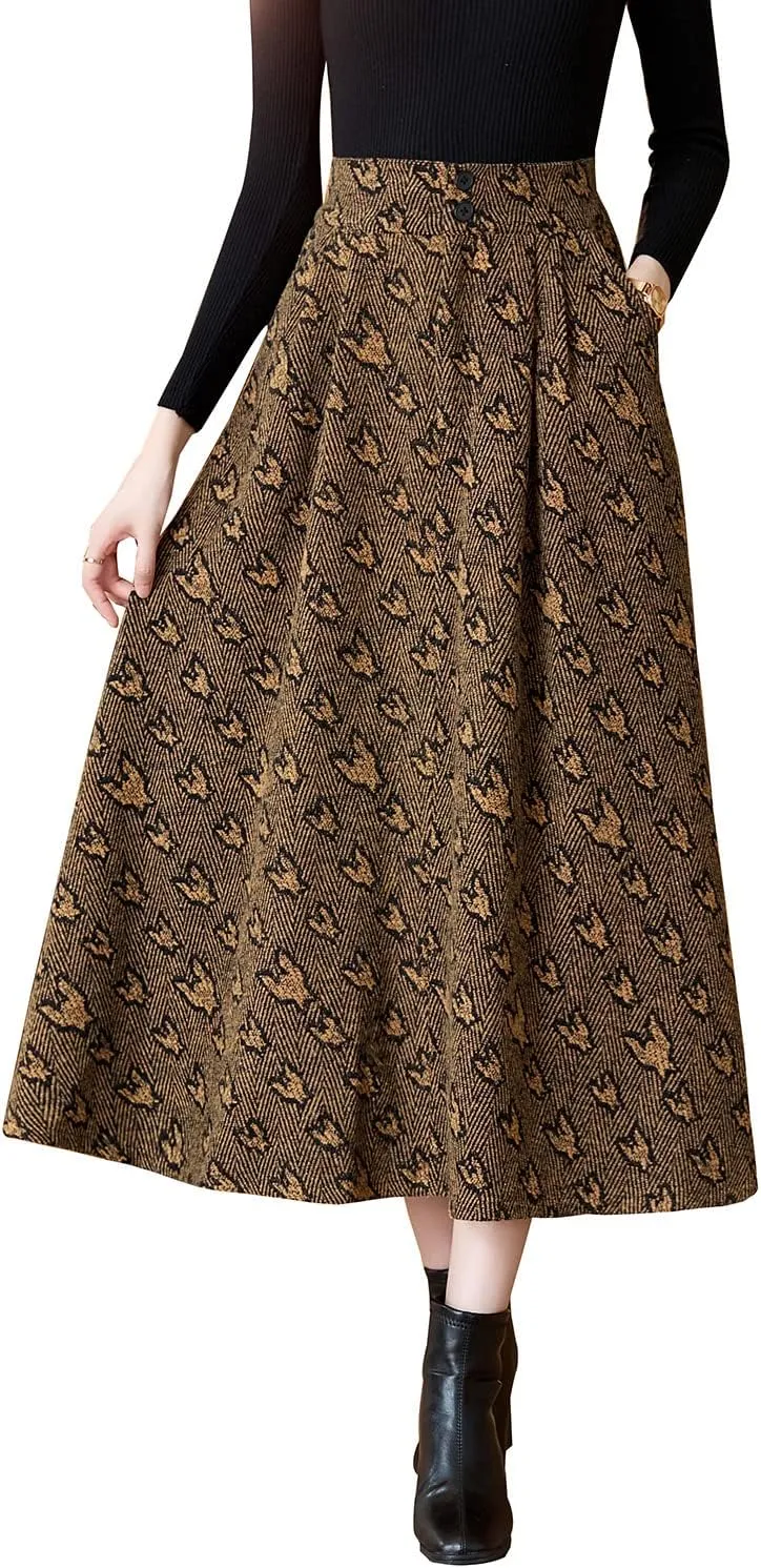 Women's Winter Maxi Skirt Elegant High Waist Warm Wool Jacquard Elastic Waist Long Umbrella Skirt
