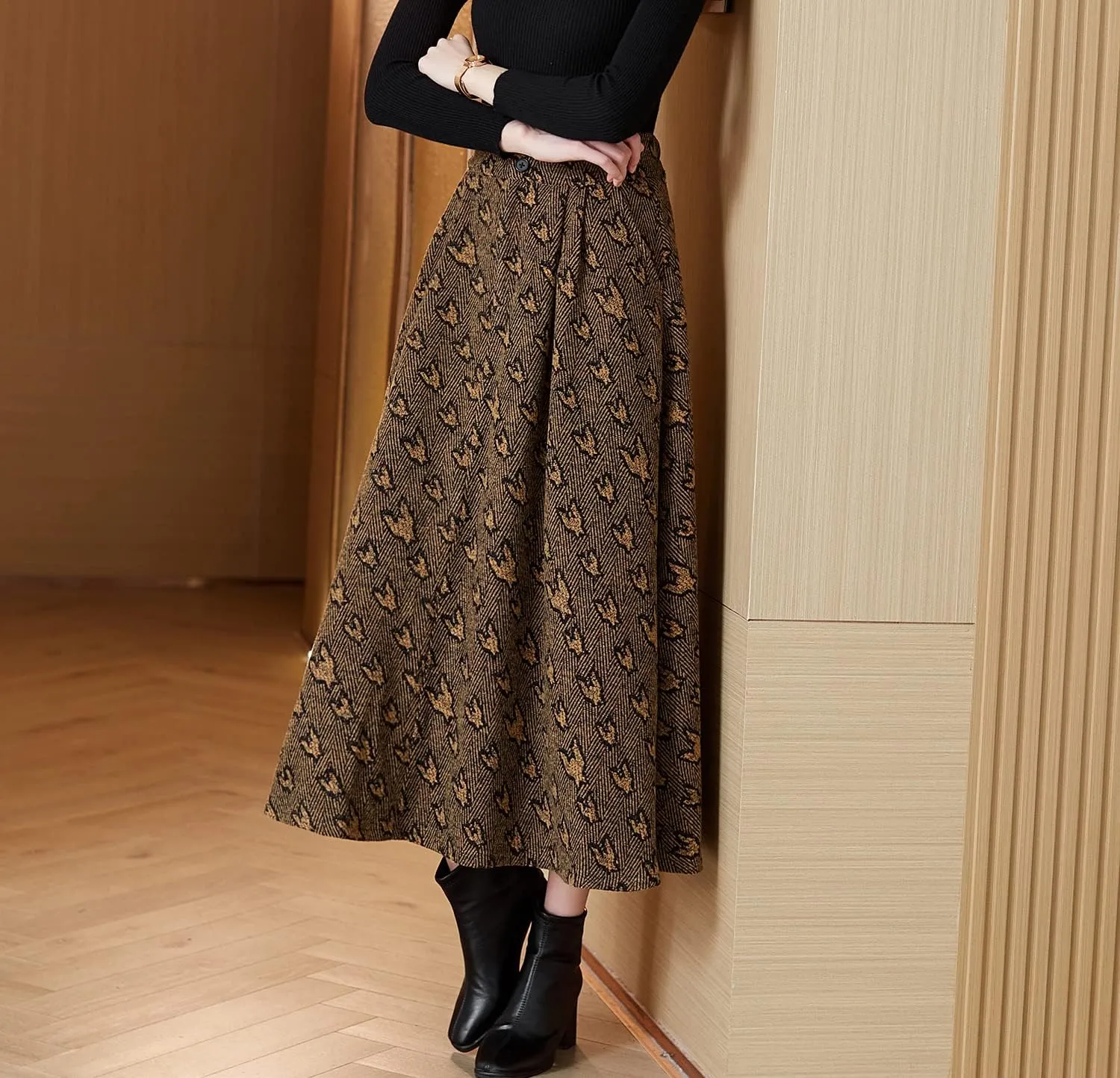 Women's Winter Maxi Skirt Elegant High Waist Warm Wool Jacquard Elastic Waist Long Umbrella Skirt