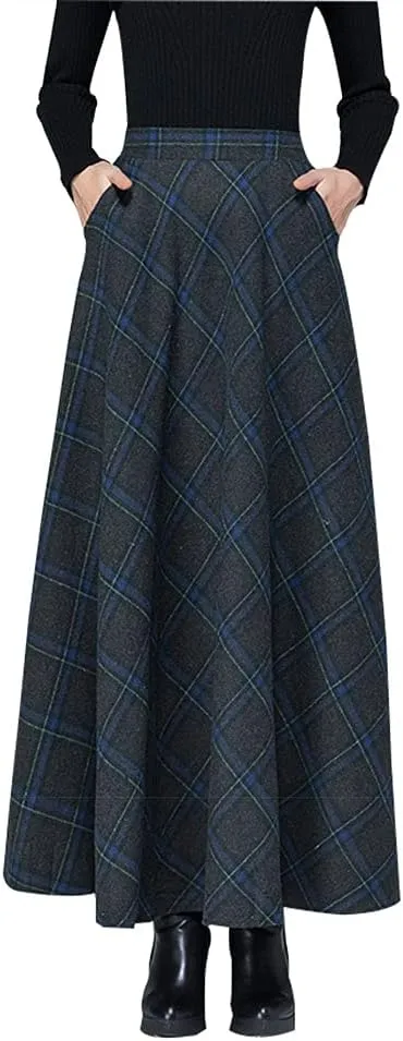 Women's Winter Plaid Maxi Skirt Elegant High Waist Warm Wool Long Pleated Skirt S-3XL