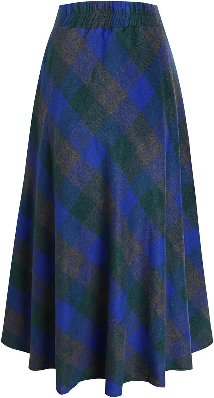 Women's Winter Plaid Maxi Skirt Elegant High Waist Warm Wool Long Pleated Skirt S-3XL