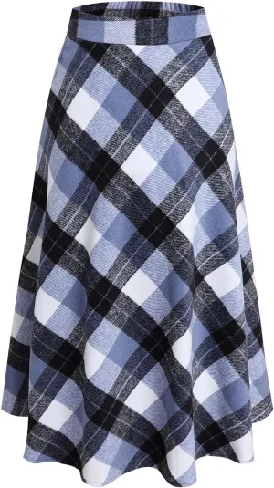 Women's Winter Plaid Maxi Skirt Elegant High Waist Warm Wool Long Pleated Skirt S-3XL