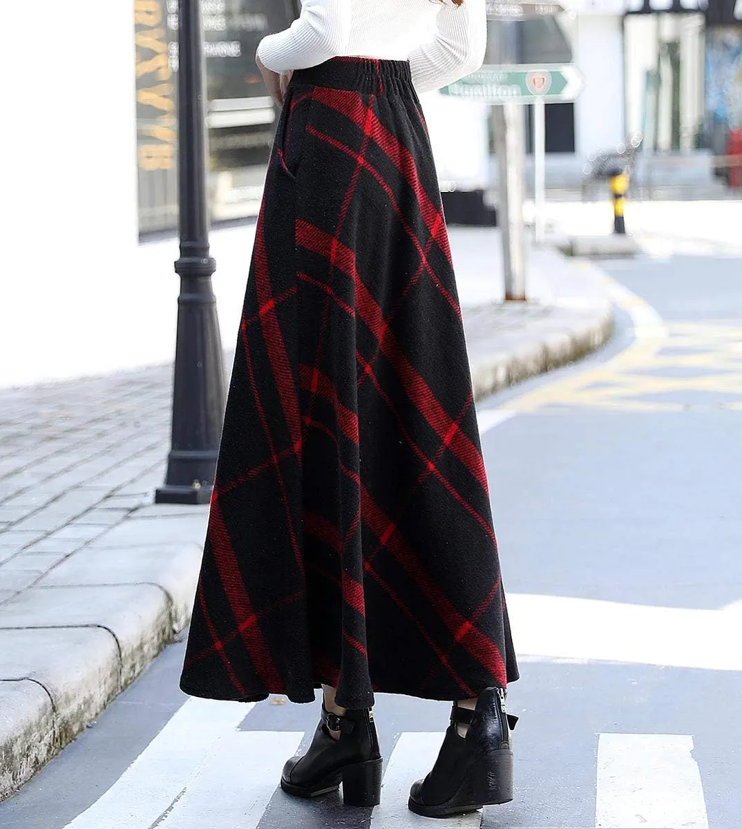 Women's Winter Plaid Maxi Skirt Elegant High Waist Warm Wool Long Pleated Skirt S-3XL
