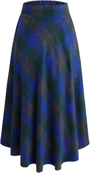 Women's Winter Plaid Maxi Skirt Elegant High Waist Warm Wool Long Pleated Skirt S-3XL
