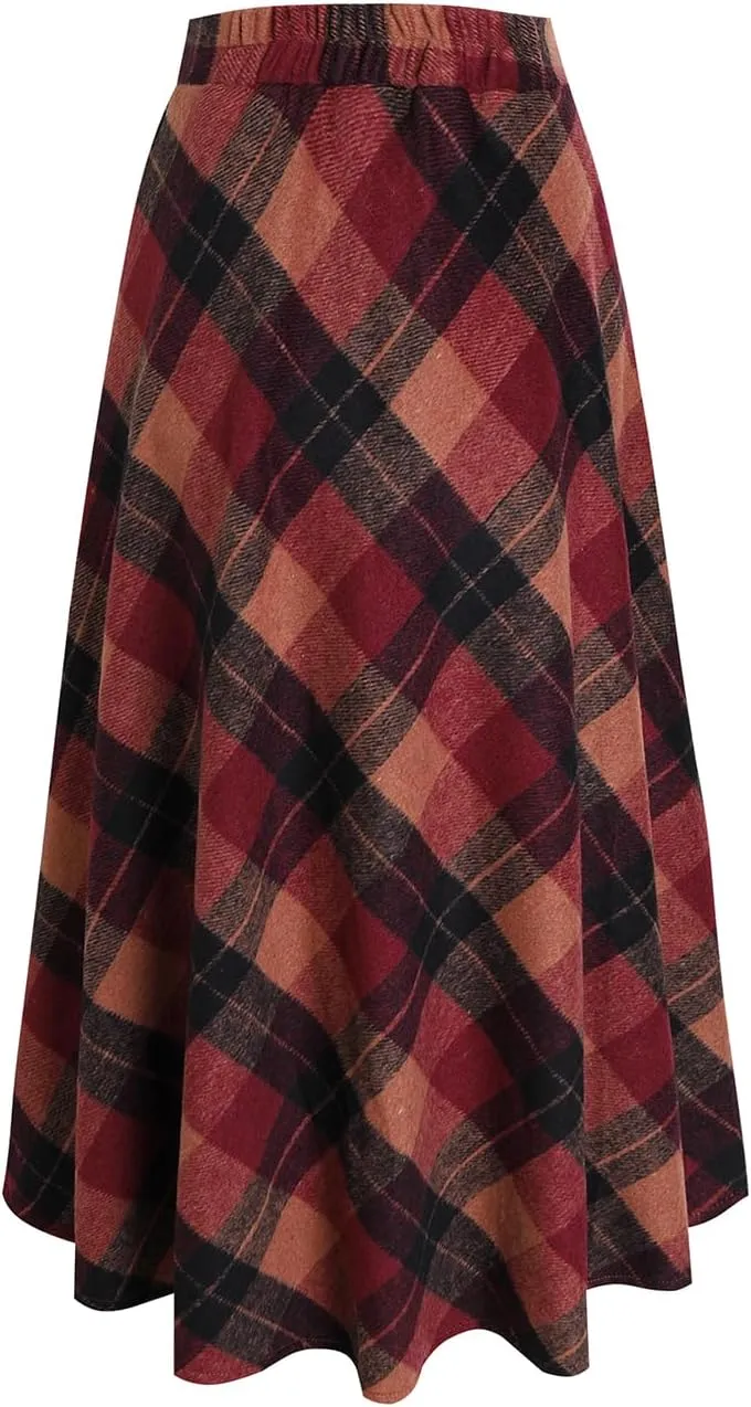 Women's Winter Plaid Maxi Skirt Elegant High Waist Warm Wool Long Pleated Skirt S-3XL