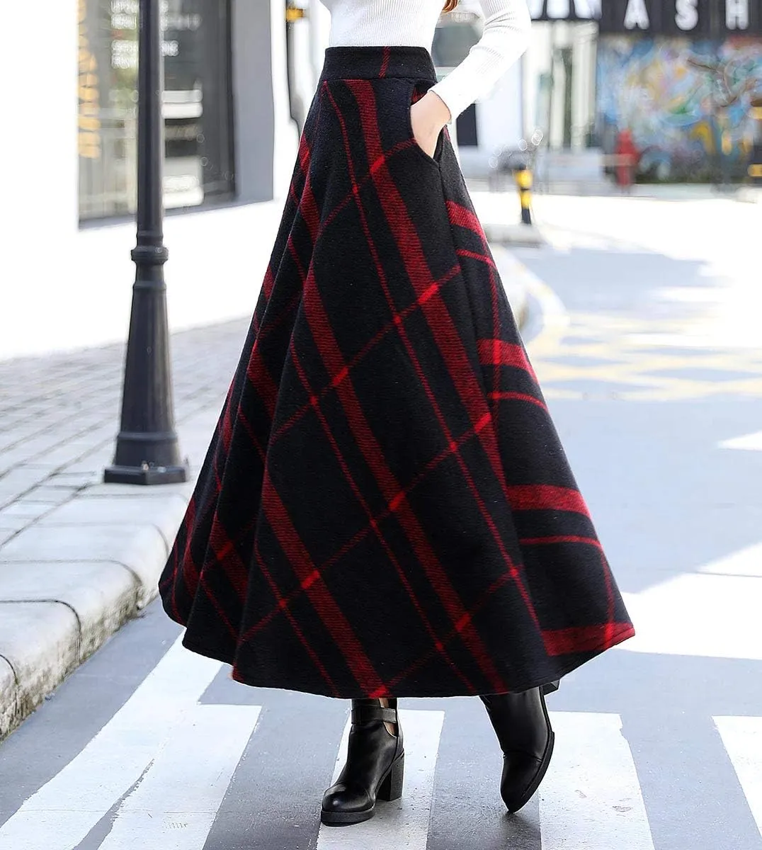 Women's Winter Plaid Maxi Skirt Elegant High Waist Warm Wool Long Pleated Skirt S-3XL
