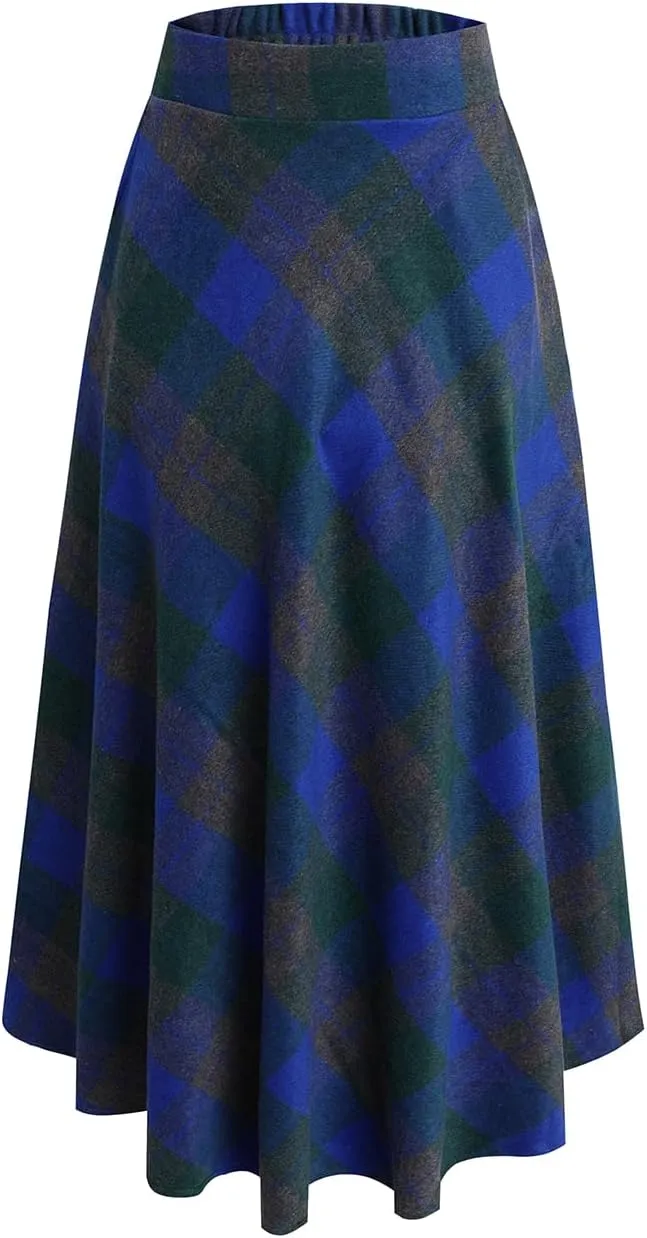 Women's Winter Plaid Maxi Skirt Elegant High Waist Warm Wool Long Pleated Skirt S-3XL