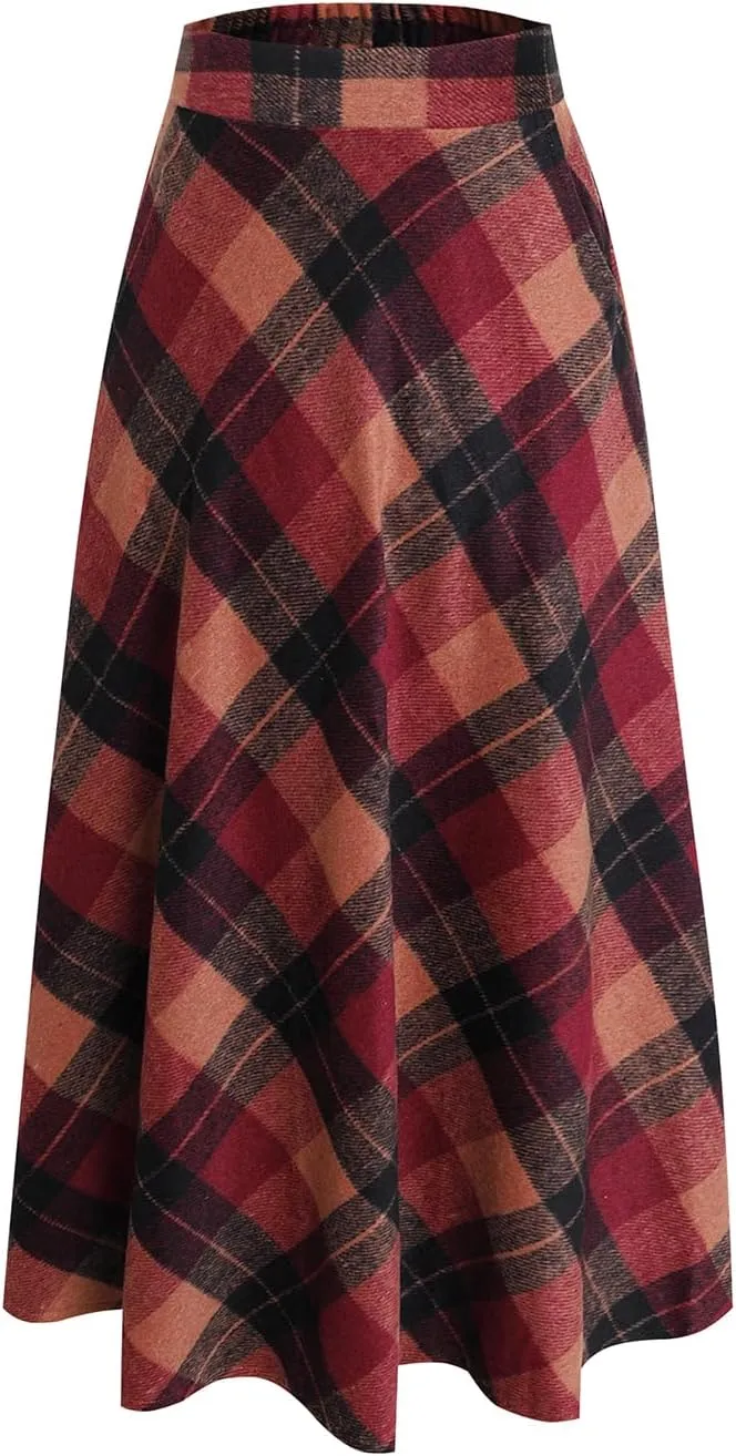 Women's Winter Plaid Maxi Skirt Elegant High Waist Warm Wool Long Pleated Skirt S-3XL
