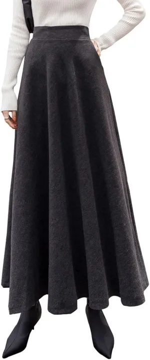 Women's Winter Plaid Maxi Skirt Elegant High Waist Warm Wool Long Pleated Skirt S-3XL