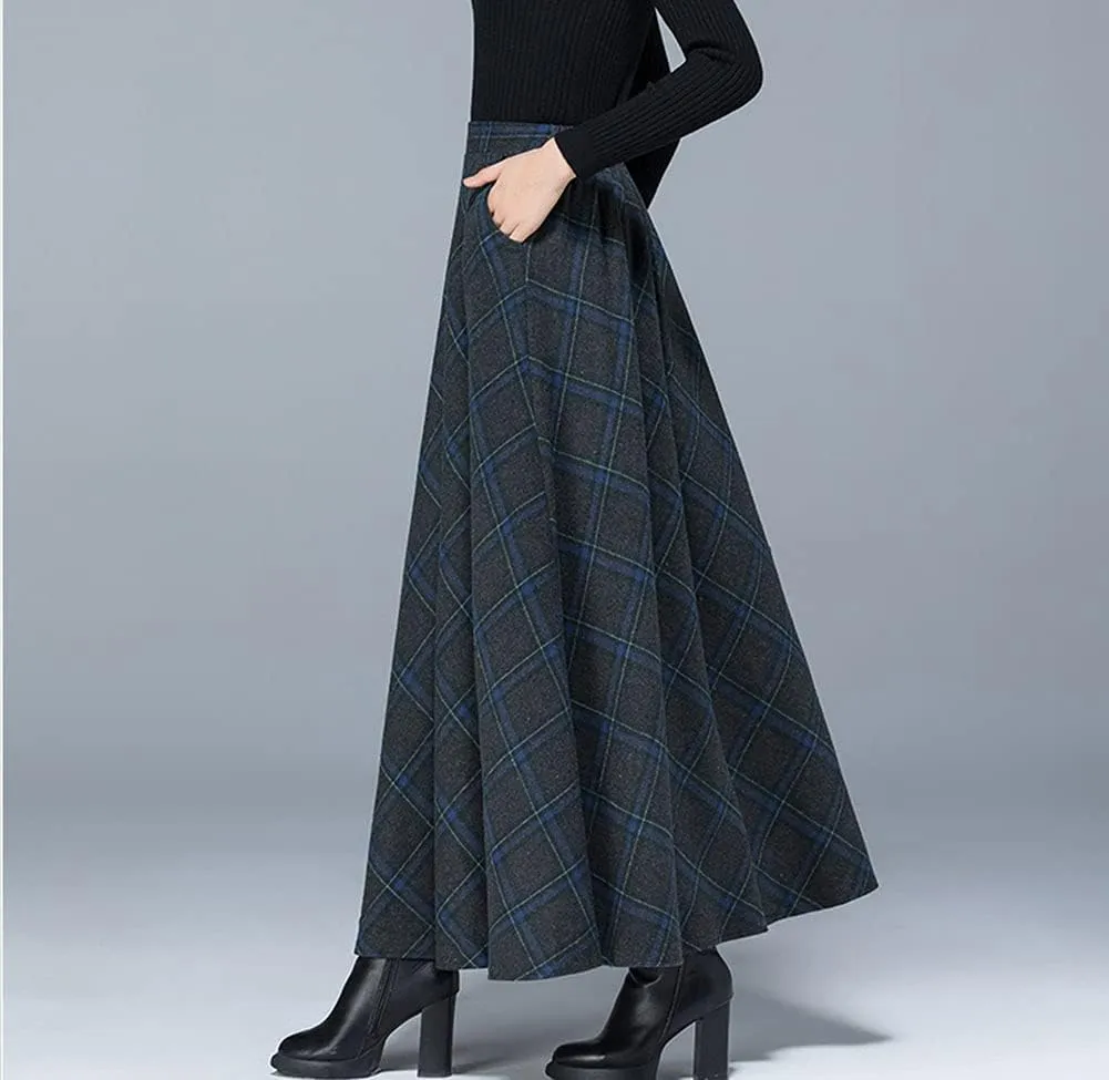 Women's Winter Plaid Maxi Skirt Elegant High Waist Warm Wool Long Pleated Skirt S-3XL