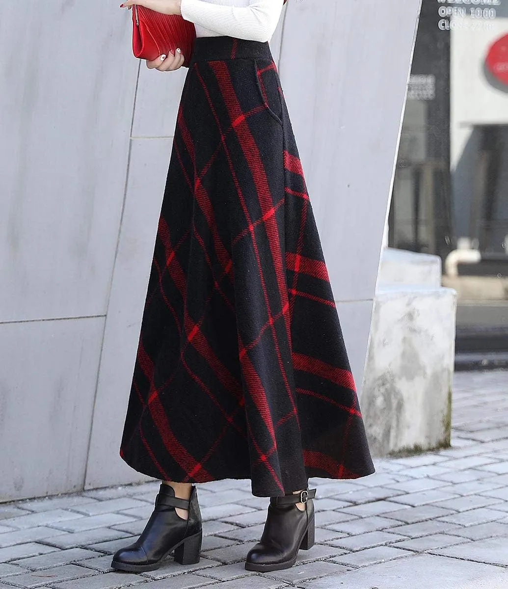 Women's Winter Plaid Maxi Skirt Elegant High Waist Warm Wool Long Pleated Skirt S-3XL
