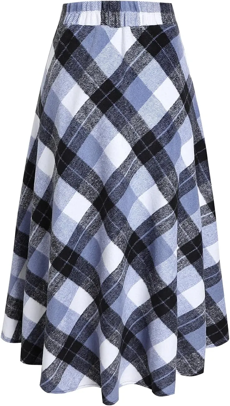 Women's Winter Plaid Maxi Skirt Elegant High Waist Warm Wool Long Pleated Skirt S-3XL
