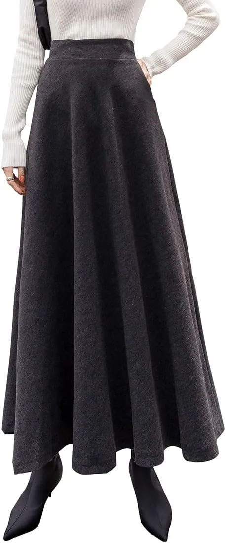 Women's Winter Plaid Maxi Skirt Elegant High Waist Warm Wool Long Pleated Skirt S-3XL