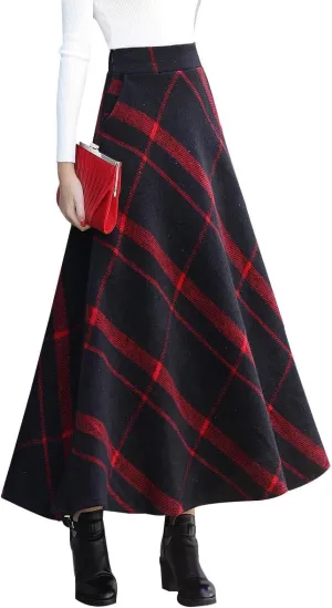 Women's Winter Plaid Maxi Skirt Elegant High Waist Warm Wool Long Pleated Skirt S-3XL