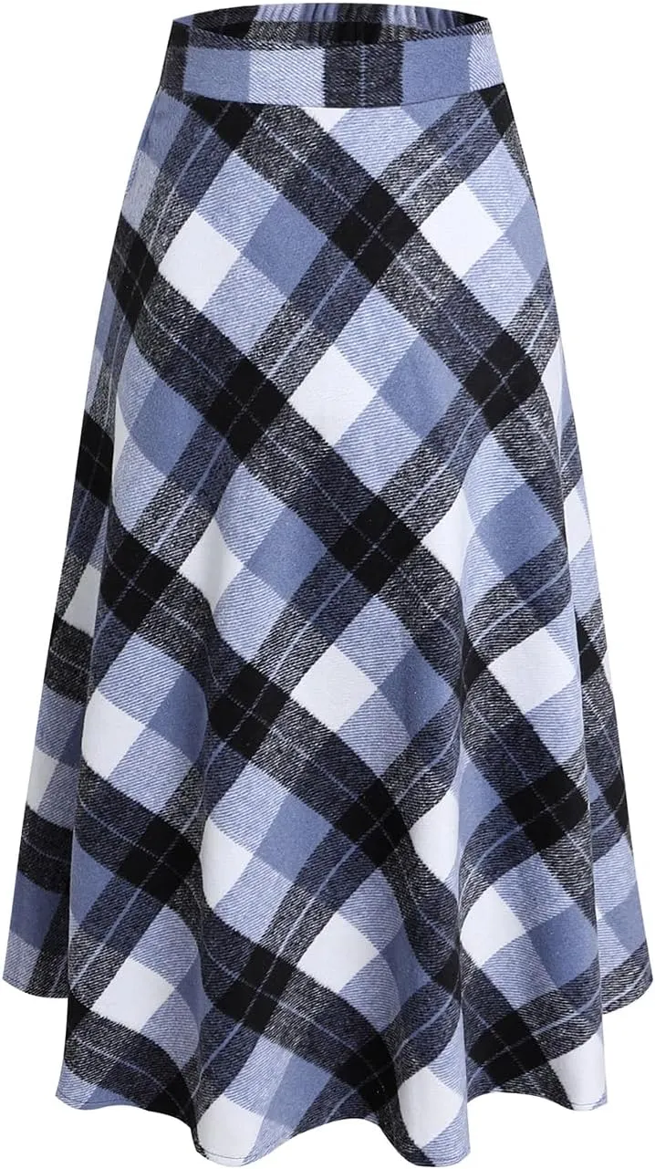 Women's Winter Plaid Maxi Skirt Elegant High Waist Warm Wool Long Pleated Skirt S-3XL