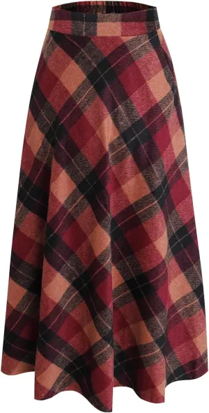 Women's Winter Plaid Maxi Skirt Elegant High Waist Warm Wool Long Pleated Skirt S-3XL