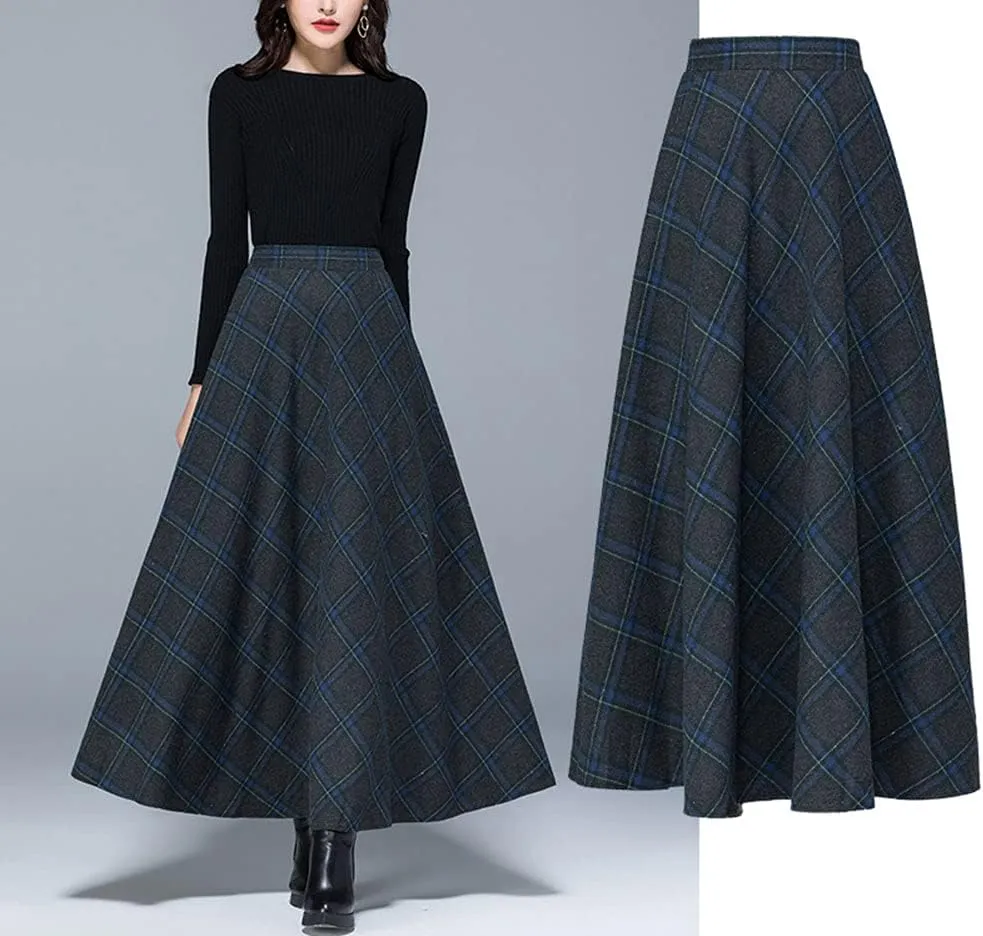 Women's Winter Plaid Maxi Skirt Elegant High Waist Warm Wool Long Pleated Skirt S-3XL