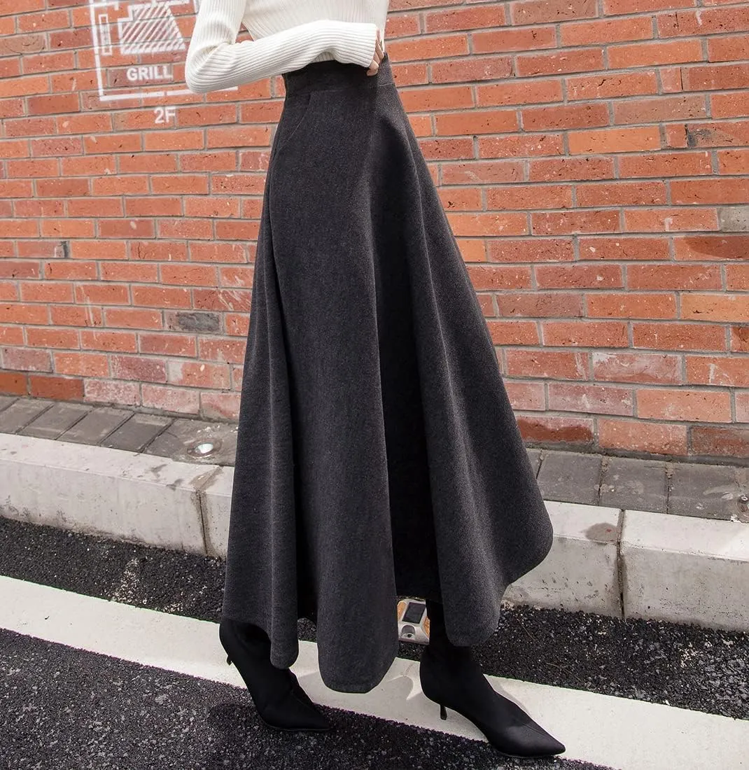 Women's Winter Plaid Maxi Skirt Elegant High Waist Warm Wool Long Pleated Skirt S-3XL