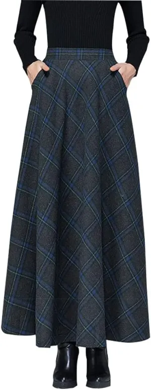 Women's Winter Plaid Maxi Skirt Elegant High Waist Warm Wool Long Pleated Skirt S-3XL