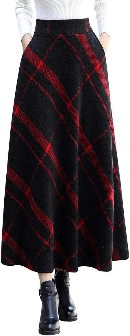 Women's Winter Plaid Maxi Skirt Elegant High Waist Warm Wool Long Pleated Skirt S-3XL