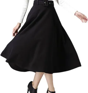 Womens Winter Warm A-Line High Waist Flare Midi Pleated Skirt with Belt
